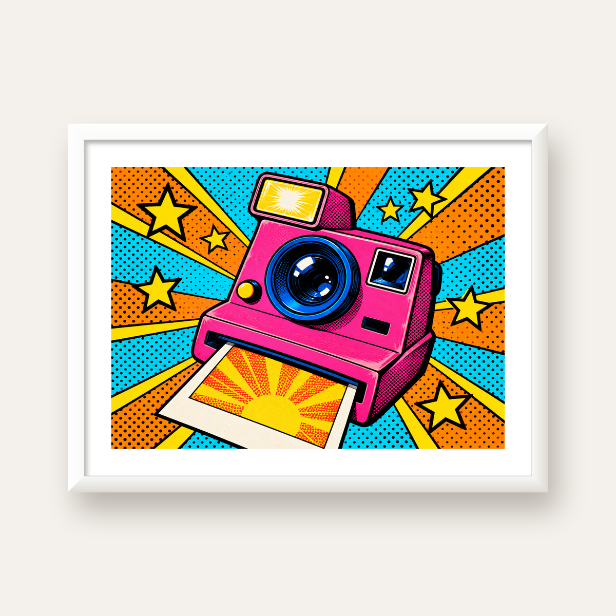Pop Art Polaroid Kamera Poster – Canlı ve Renkli Duvar Dekoru — beyaz çerçeveli yatay poster