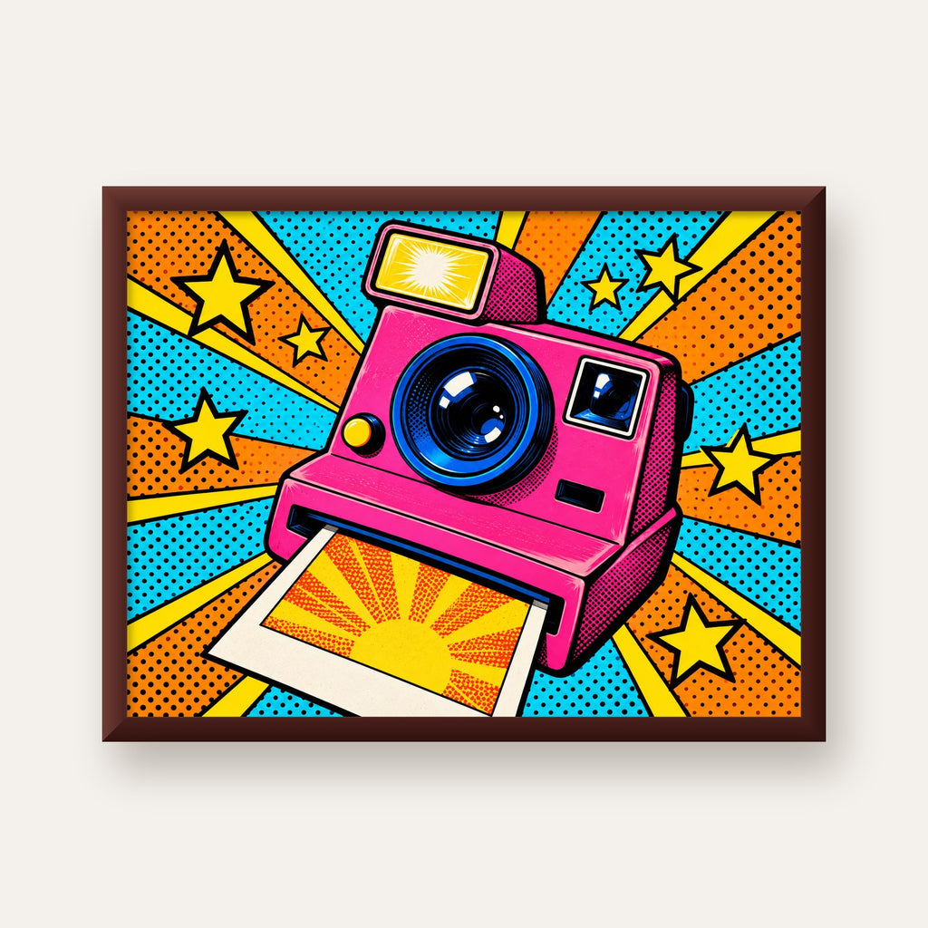 Pop Art Polaroid Kamera Poster – Canlı ve Renkli Duvar Dekoru — ceviz çerçeveli