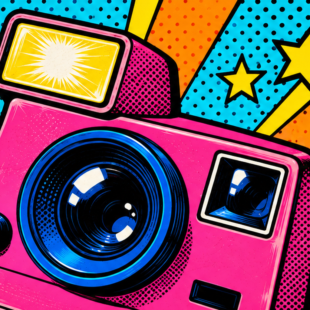Pop Art Polaroid Kamera Poster – Canlı ve Renkli Duvar Dekoru — baskının yakın çekimi, kâğıt dokusu ve renk detayı