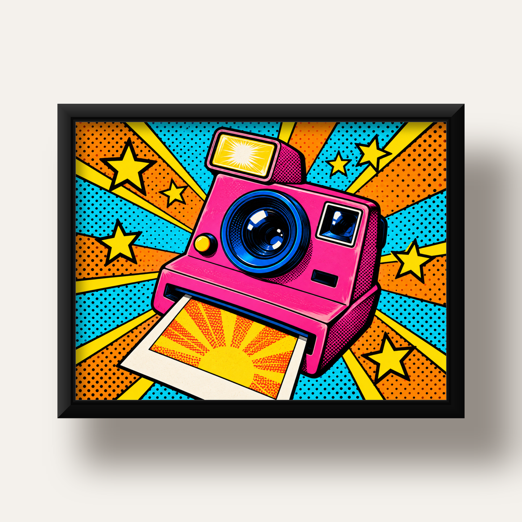 Pop Art Polaroid Kamera Poster – Canlı ve Renkli Duvar Dekoru — siyah derin çerçeveli