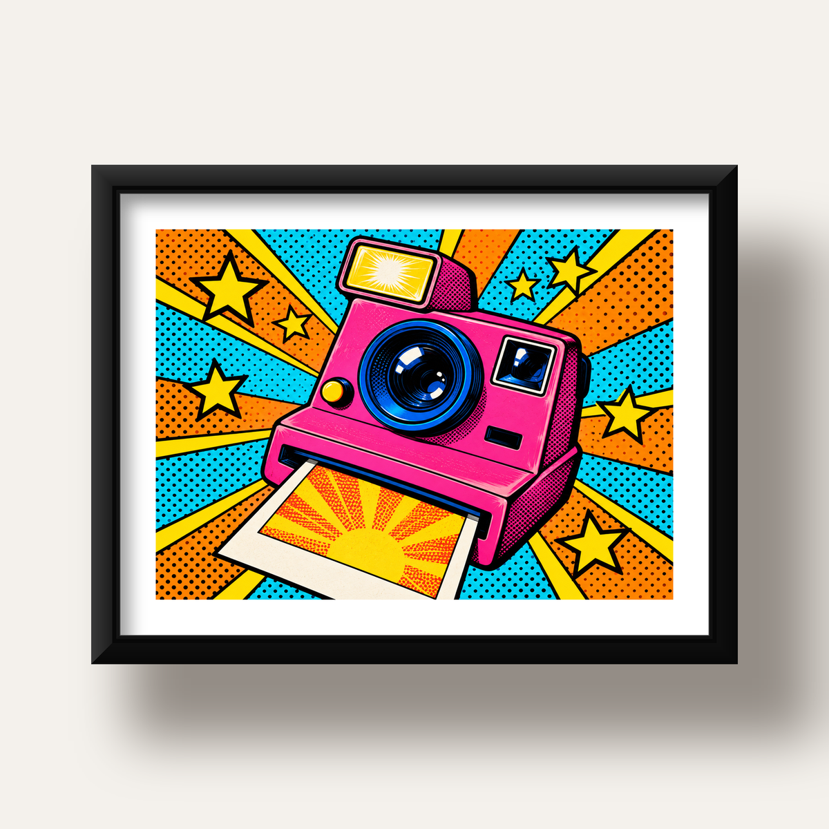 Pop Art Polaroid Kamera Poster – Canlı ve Renkli Duvar Dekoru — siyah derin çerçeveli paspartulu