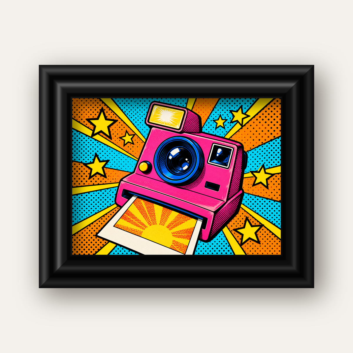 Pop Art Polaroid Kamera Poster – Canlı ve Renkli Duvar Dekoru — siyah galeri çerçeveli