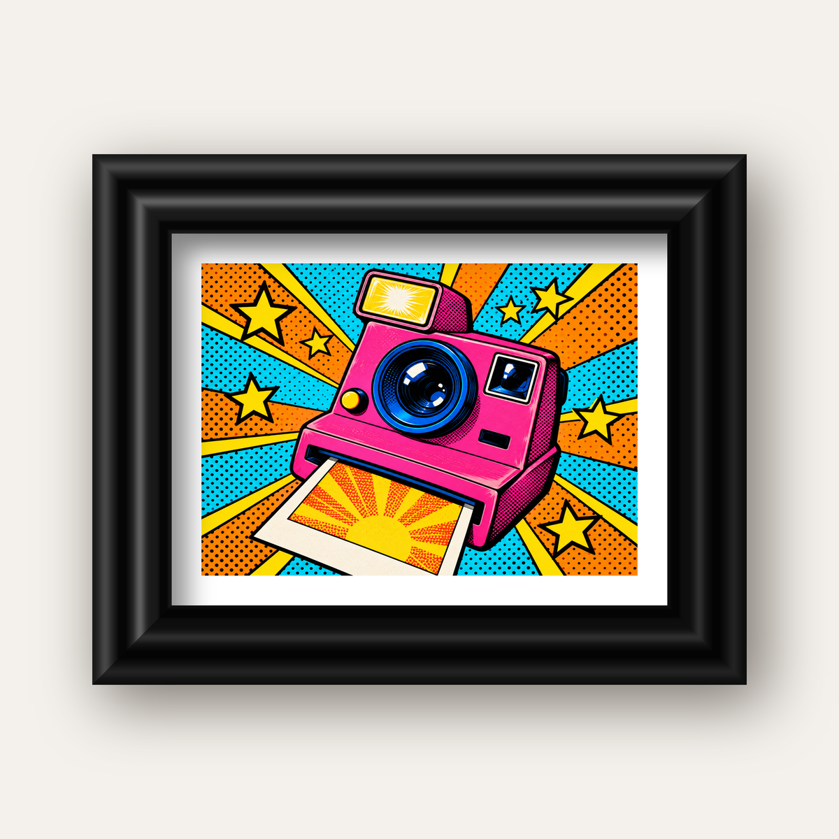 Pop Art Polaroid Kamera Poster – Canlı ve Renkli Duvar Dekoru — siyah galeri çerçeveli paspartulu