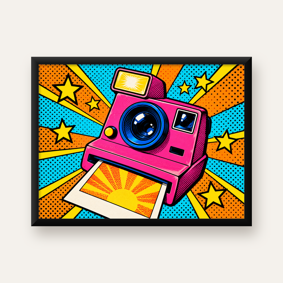 Pop Art Polaroid Kamera Poster – Canlı ve Renkli Duvar Dekoru — Yatay baskı, düz siyah çerçeveli duvar posteri