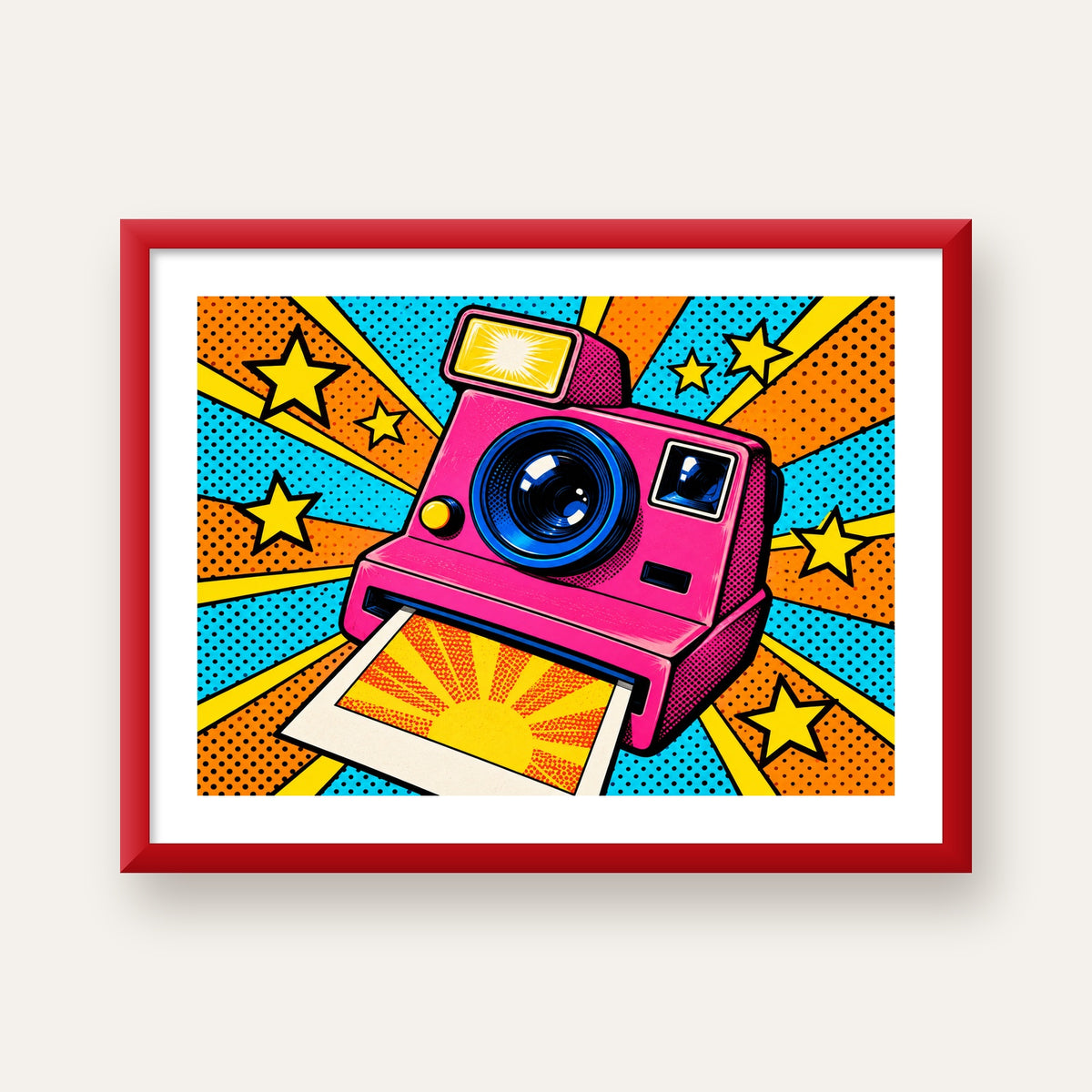 Pop Art Polaroid Kamera Poster – Canlı ve Renkli Duvar Dekoru — kırmızı çerçeveli paspartulu