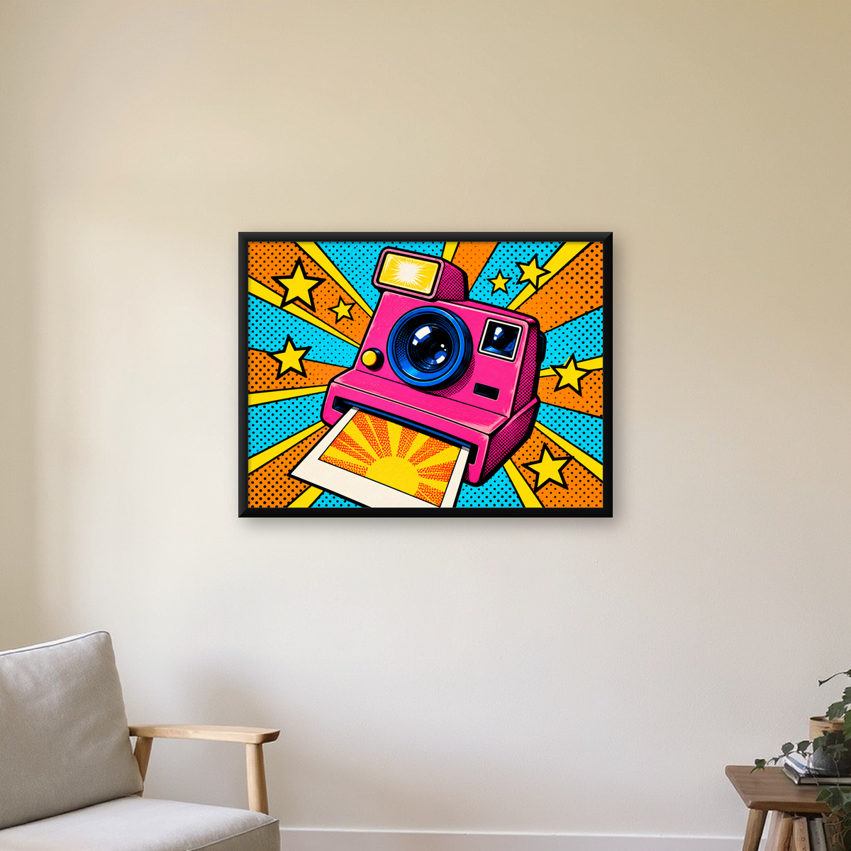 Pop Art Polaroid Kamera Poster – Canlı ve Renkli Duvar Dekoru — Yatay baskı, çerçeveli hâliyle bir ev duvarında