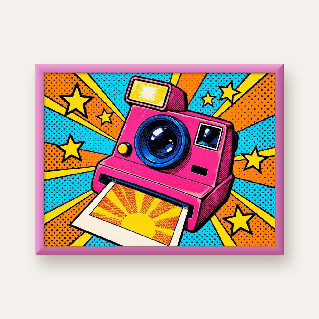 Pop Art Polaroid Kamera Poster – Canlı ve Renkli Duvar Dekoru — pembe çerçeveli
