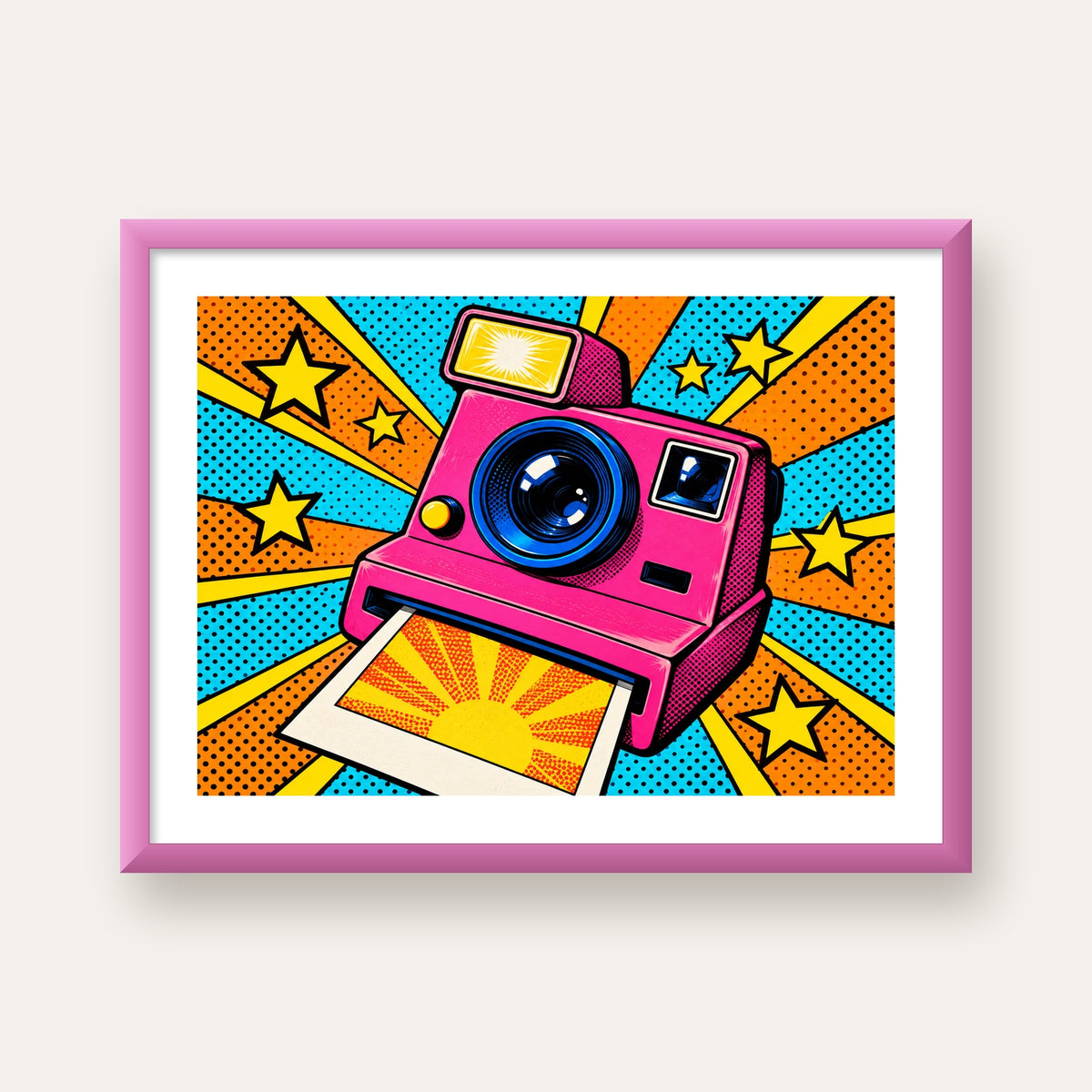 Pop Art Polaroid Kamera Poster – Canlı ve Renkli Duvar Dekoru — pembe çerçeveli paspartulu