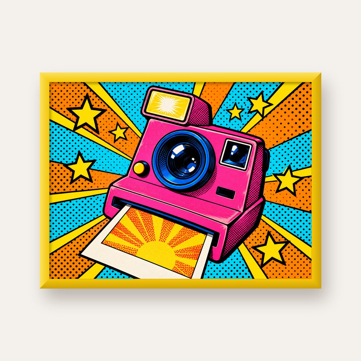 Pop Art Polaroid Kamera Poster – Canlı ve Renkli Duvar Dekoru — sarı çerçeveli