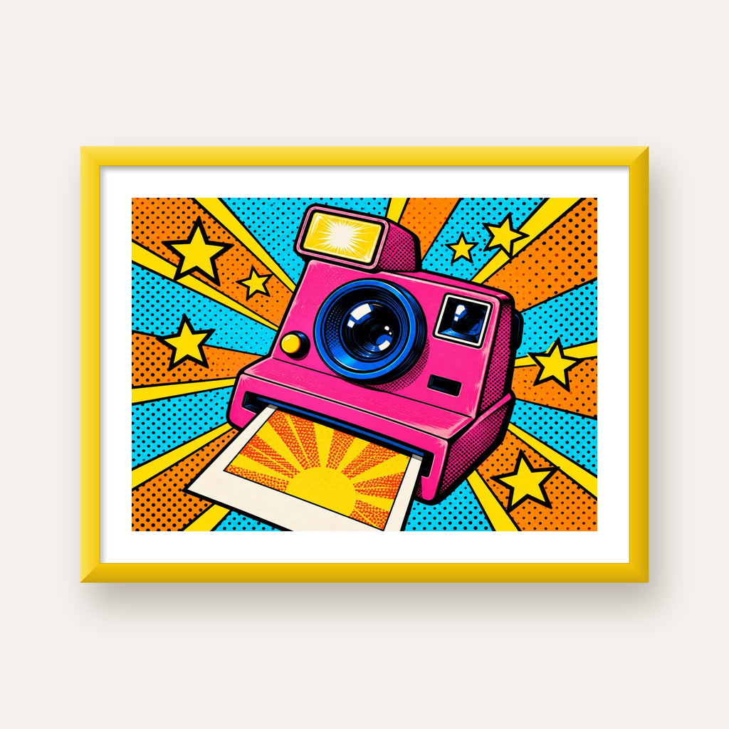 Pop Art Polaroid Kamera Poster – Canlı ve Renkli Duvar Dekoru — sarı çerçeveli paspartulu