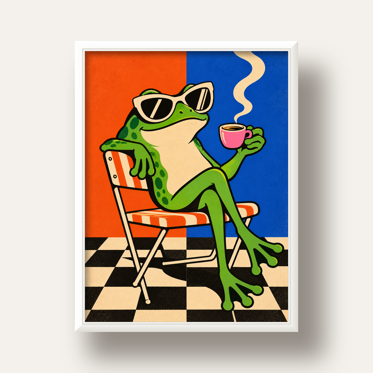 Kahve İçen Kurbağa Poster – Pop-Art Retro Stil Sanat Baskısı — beyaz derin çerçeveli