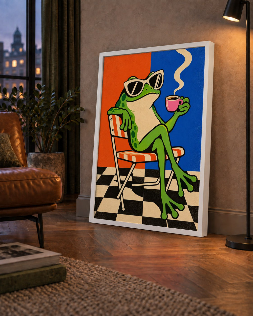 Kahve İçen Kurbağa Poster – Pop-Art Retro Stil Sanat Baskısı — çerçeveli hâliyle bir ev duvarında