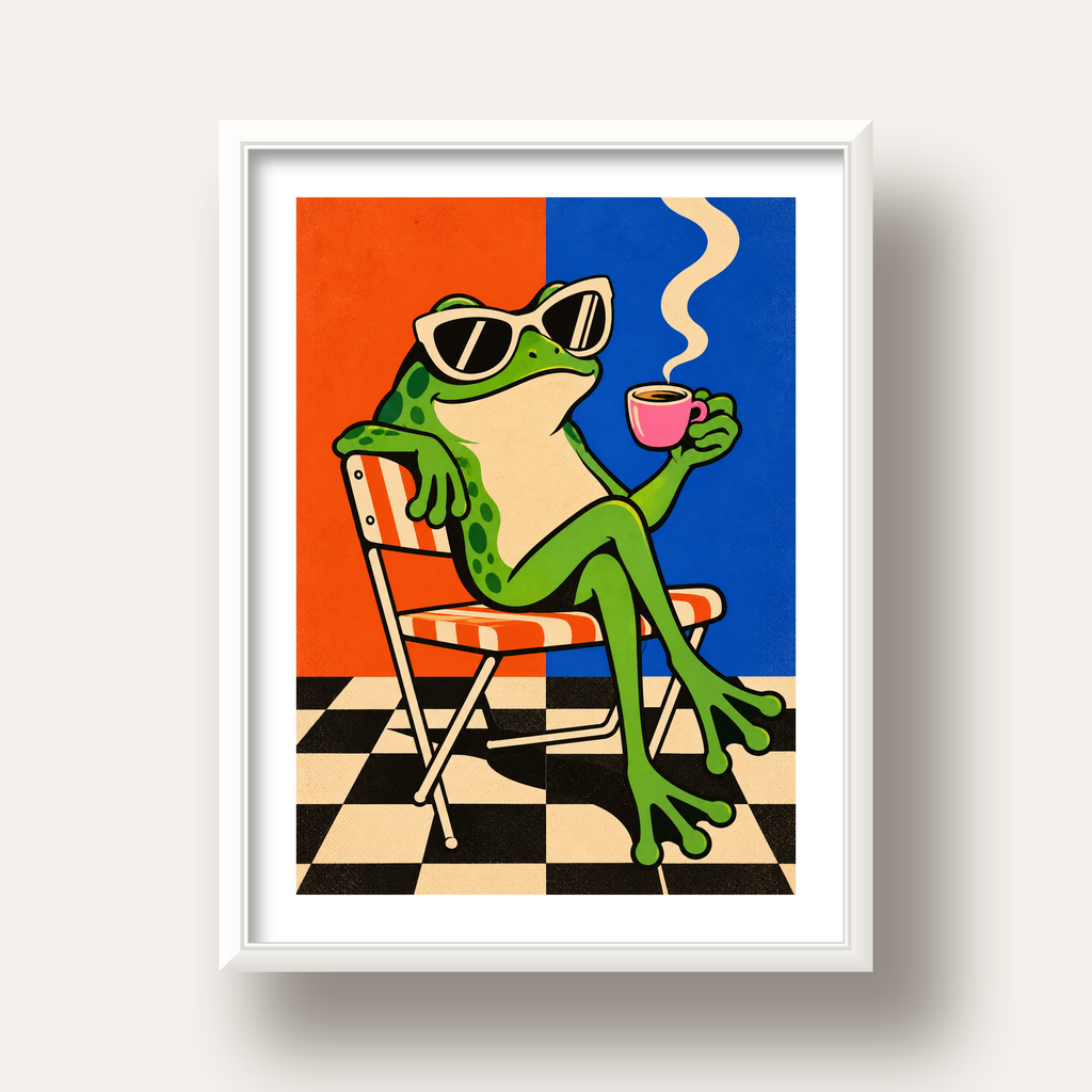 Kahve İçen Kurbağa Poster – Pop-Art Retro Stil Sanat Baskısı — beyaz derin çerçeveli paspartulu