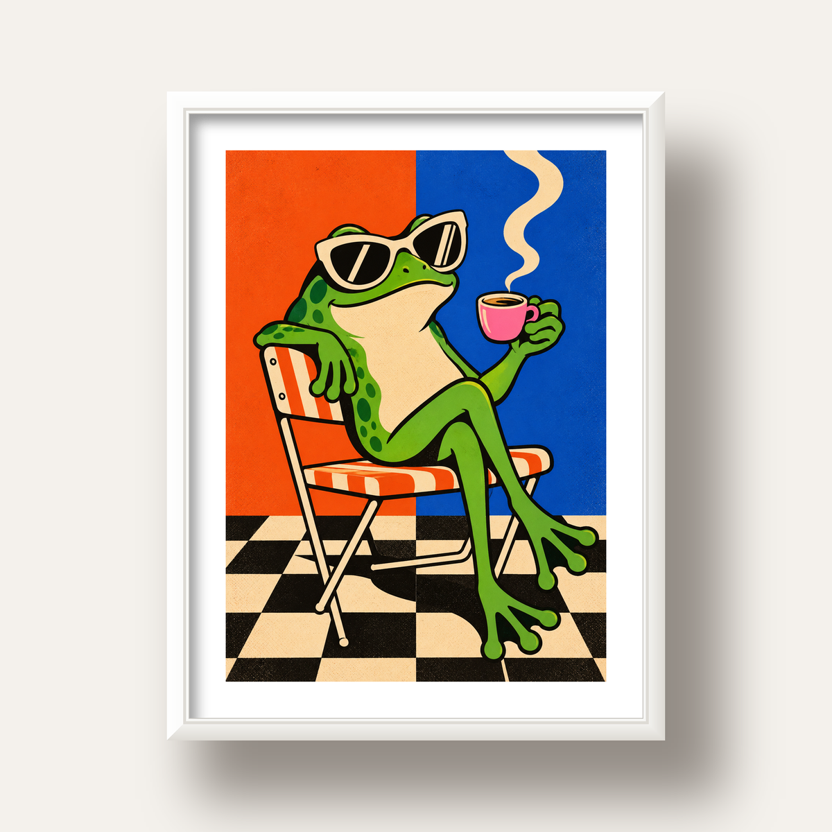 Kahve İçen Kurbağa Poster – Pop-Art Retro Stil Sanat Baskısı — beyaz derin çerçeveli paspartulu