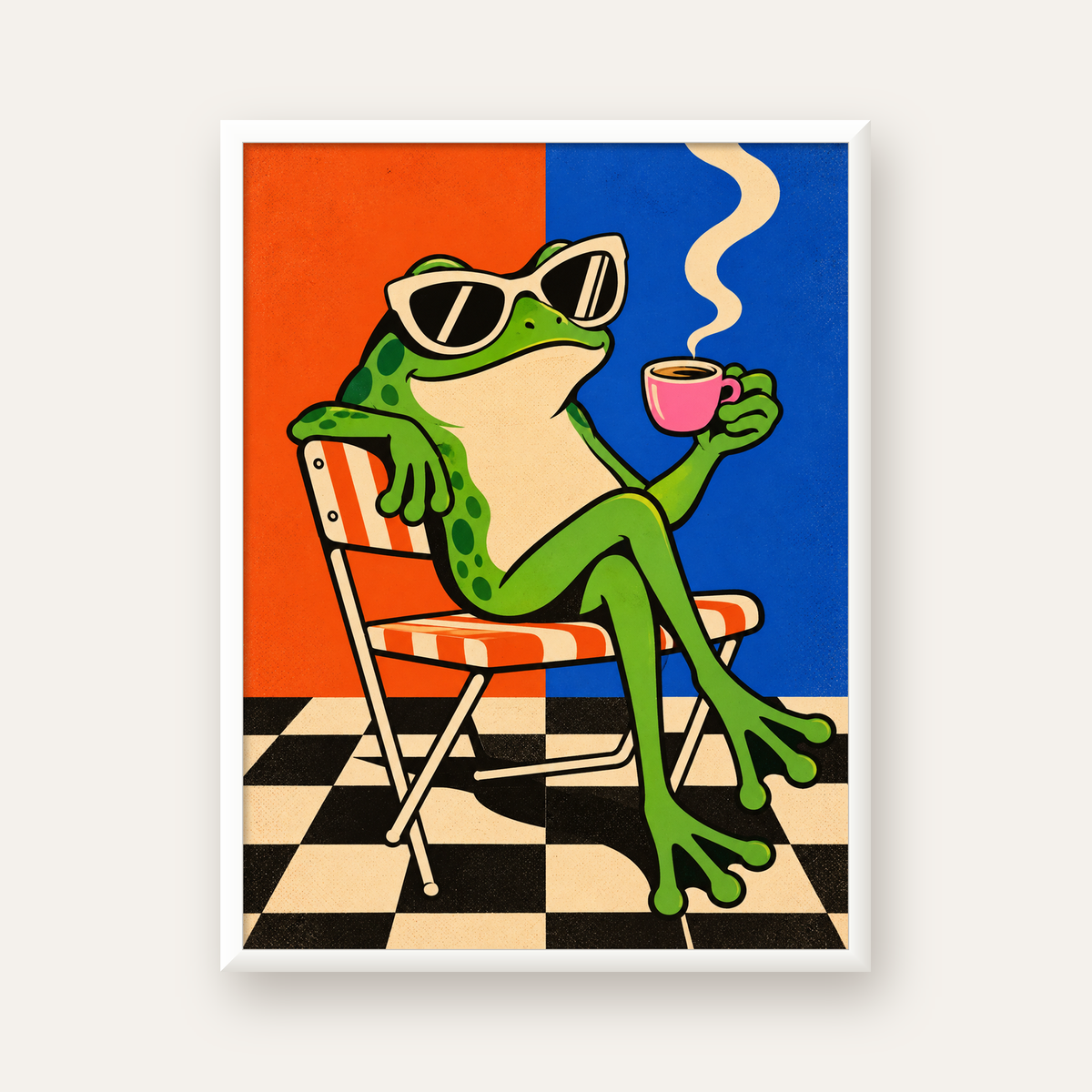 Kahve İçen Kurbağa Poster – Pop-Art Retro Stil Sanat Baskısı — beyaz çerçeveli dikey poster