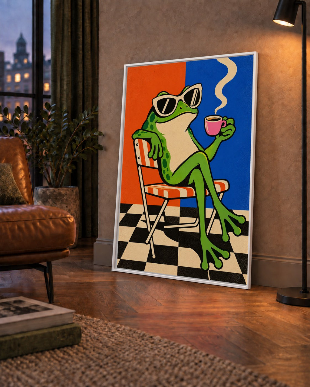 Kahve İçen Kurbağa Poster – Pop-Art Retro Stil Sanat Baskısı — çerçeveli hâliyle bir ev duvarında