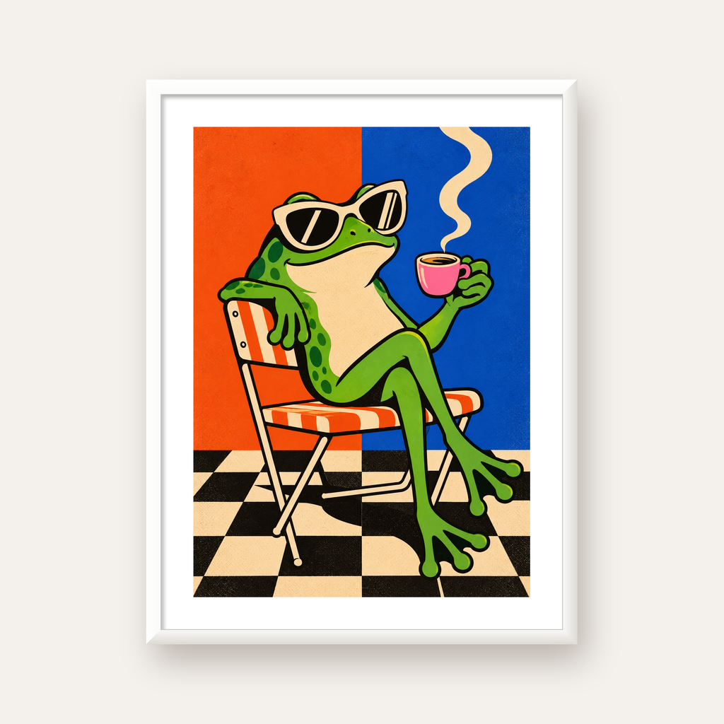 Kahve İçen Kurbağa Poster – Pop-Art Retro Stil Sanat Baskısı — beyaz çerçeveli dikey poster