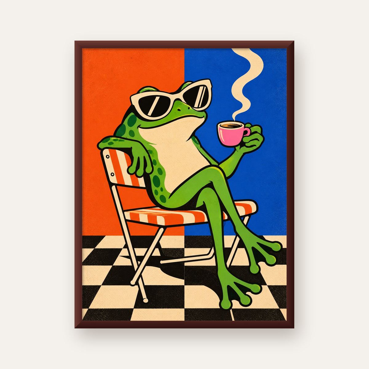 Kahve İçen Kurbağa Poster – Pop-Art Retro Stil Sanat Baskısı — ceviz çerçeveli