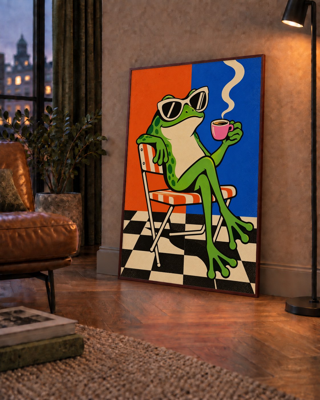 Kahve İçen Kurbağa Poster – Pop-Art Retro Stil Sanat Baskısı — çerçeveli hâliyle bir ev duvarında