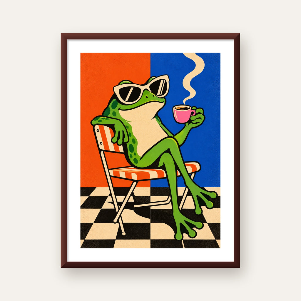 Kahve İçen Kurbağa Poster – Pop-Art Retro Stil Sanat Baskısı — ceviz çerçeveli paspartulu