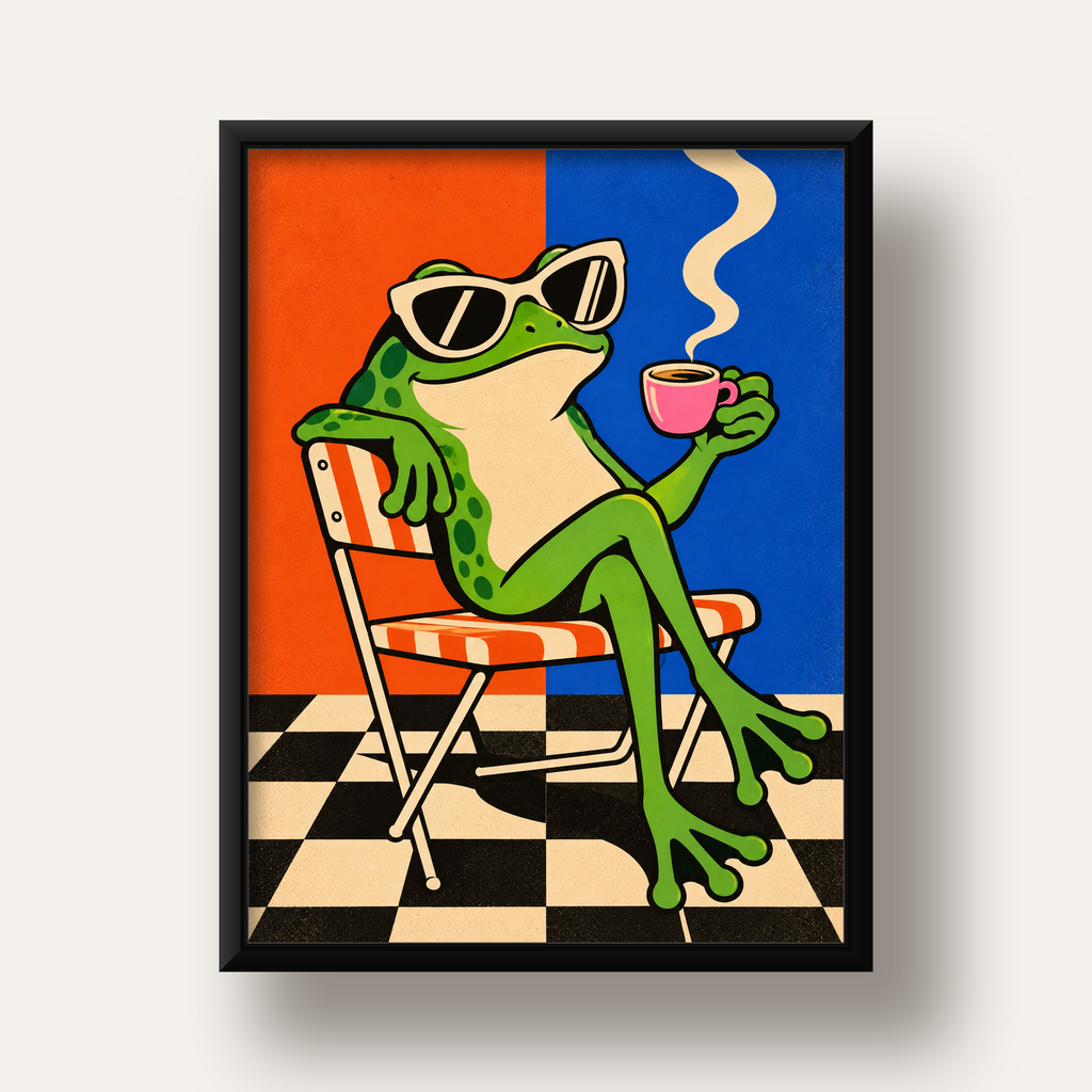 Kahve İçen Kurbağa Poster – Pop-Art Retro Stil Sanat Baskısı — siyah derin çerçeveli