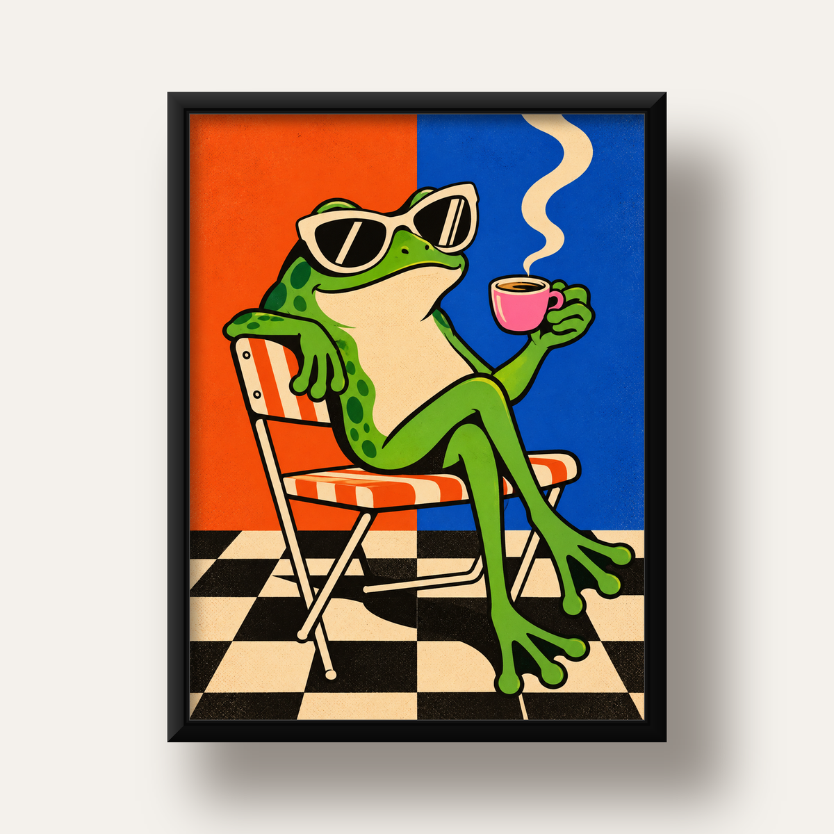 Kahve İçen Kurbağa Poster – Pop-Art Retro Stil Sanat Baskısı — siyah derin çerçeveli