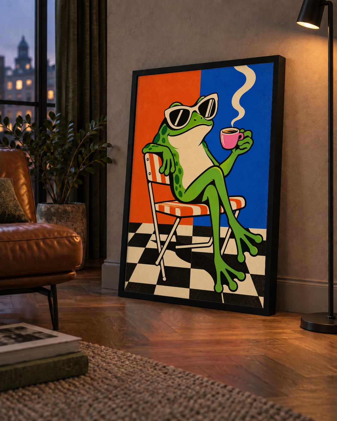 Kahve İçen Kurbağa Poster – Pop-Art Retro Stil Sanat Baskısı — çerçeveli hâliyle bir ev duvarında