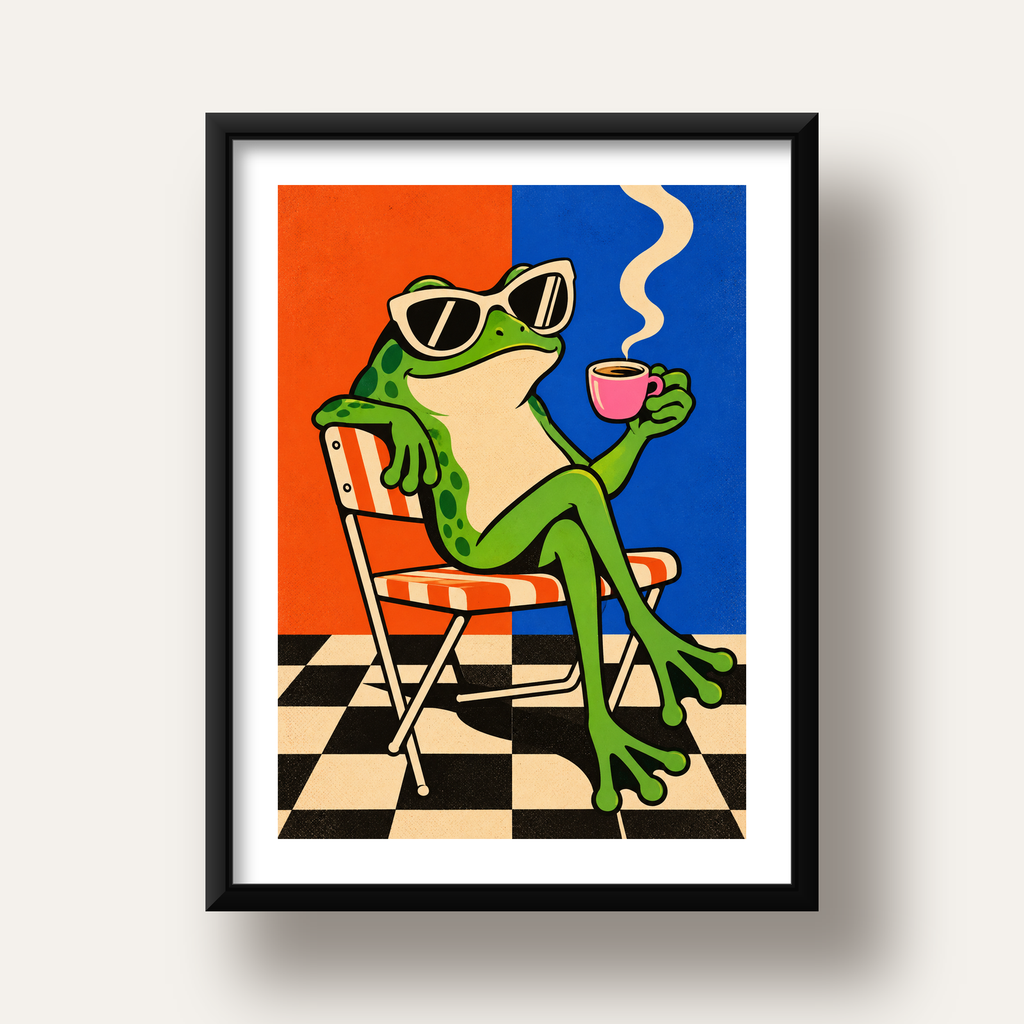 Kahve İçen Kurbağa Poster – Pop-Art Retro Stil Sanat Baskısı — siyah derin çerçeveli paspartulu