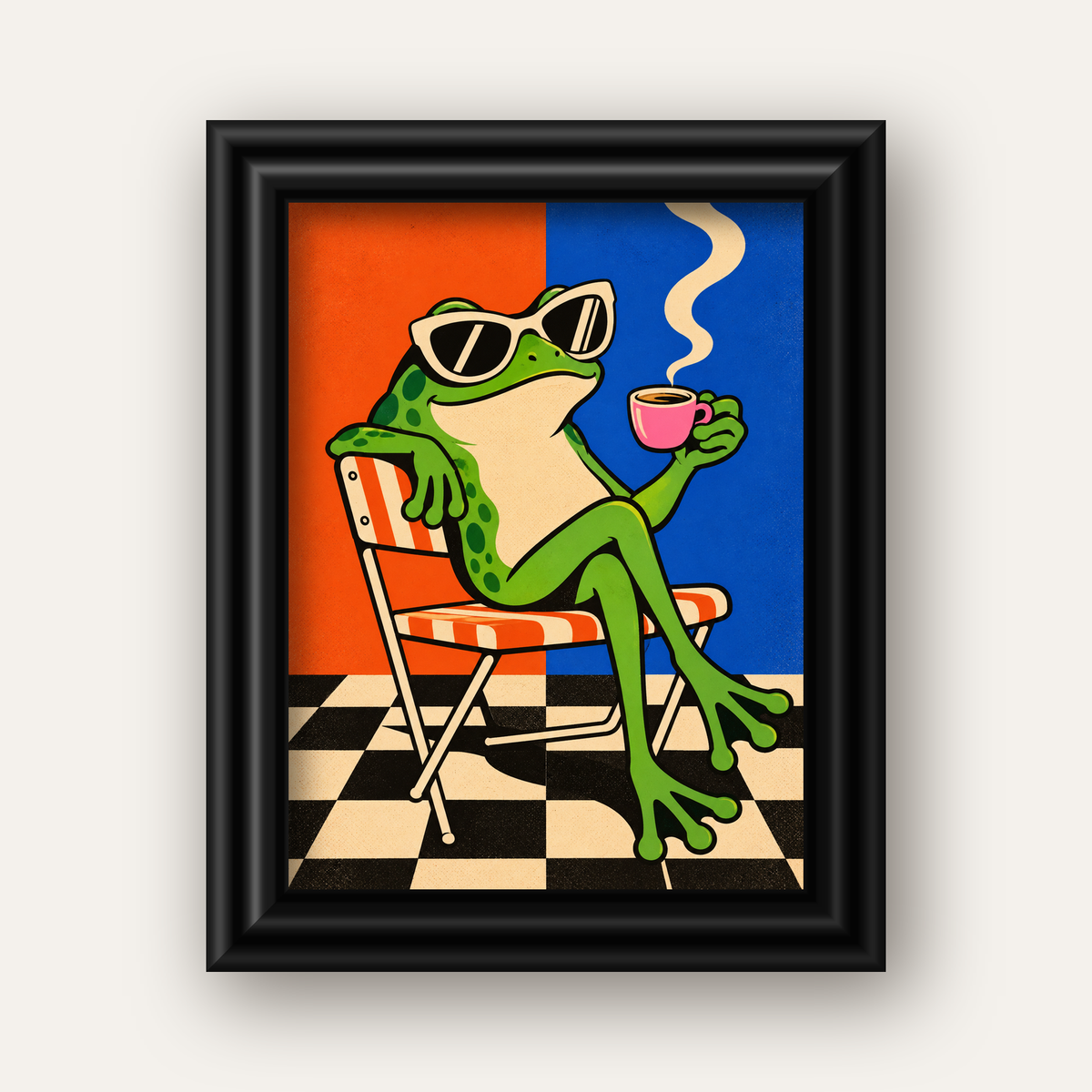 Kahve İçen Kurbağa Poster – Pop-Art Retro Stil Sanat Baskısı — siyah galeri çerçeveli