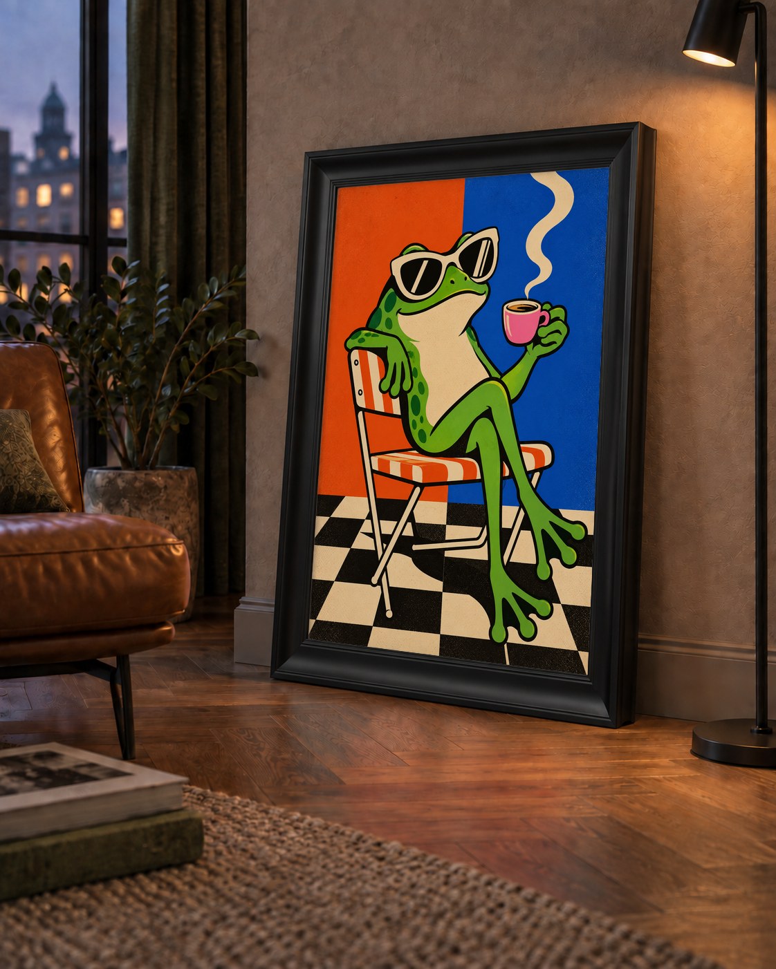 Kahve İçen Kurbağa Poster – Pop-Art Retro Stil Sanat Baskısı — çerçeveli hâliyle bir ev duvarında
