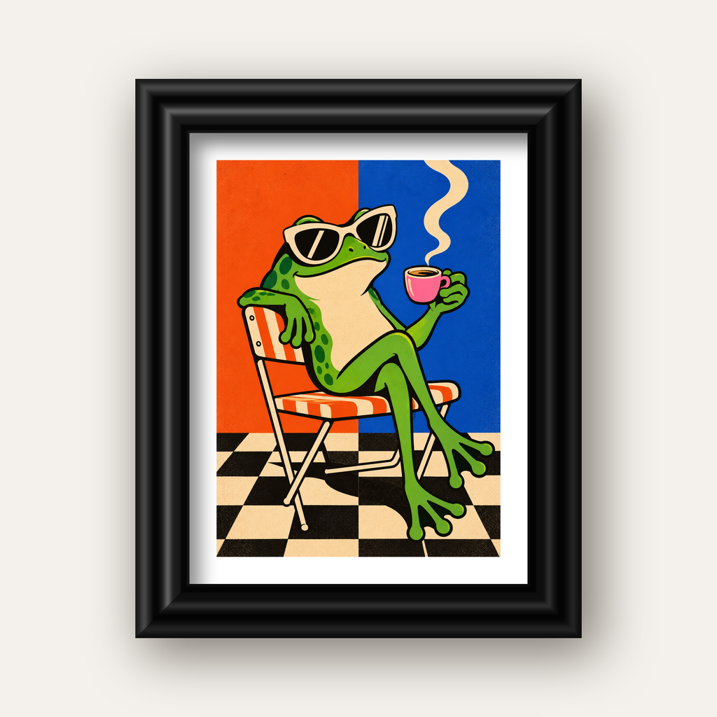Kahve İçen Kurbağa Poster – Pop-Art Retro Stil Sanat Baskısı — siyah galeri çerçeveli paspartulu