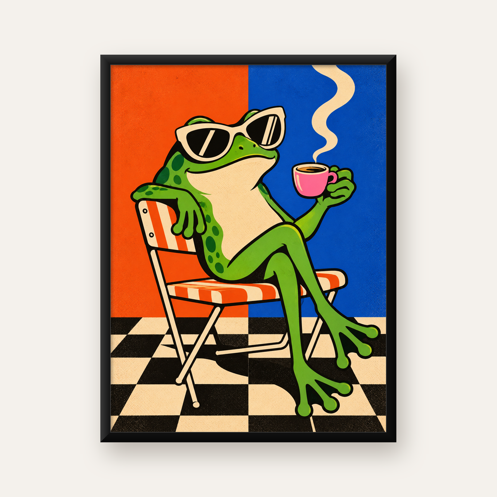 Kahve İçen Kurbağa Poster – Pop-Art Retro Stil Sanat Baskısı — Dikey baskı, düz siyah çerçeveli duvar posteri