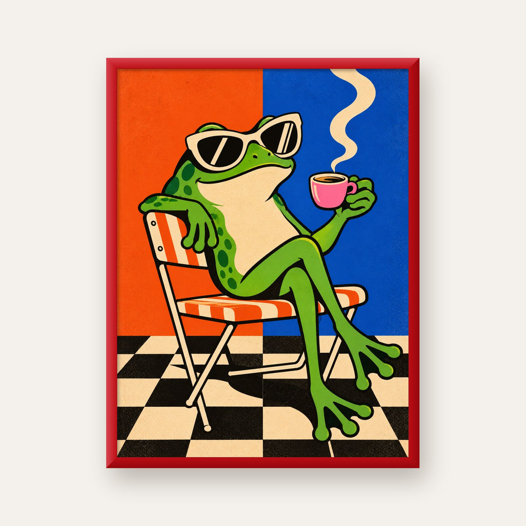 Kahve İçen Kurbağa Poster – Pop-Art Retro Stil Sanat Baskısı — kırmızı çerçeveli