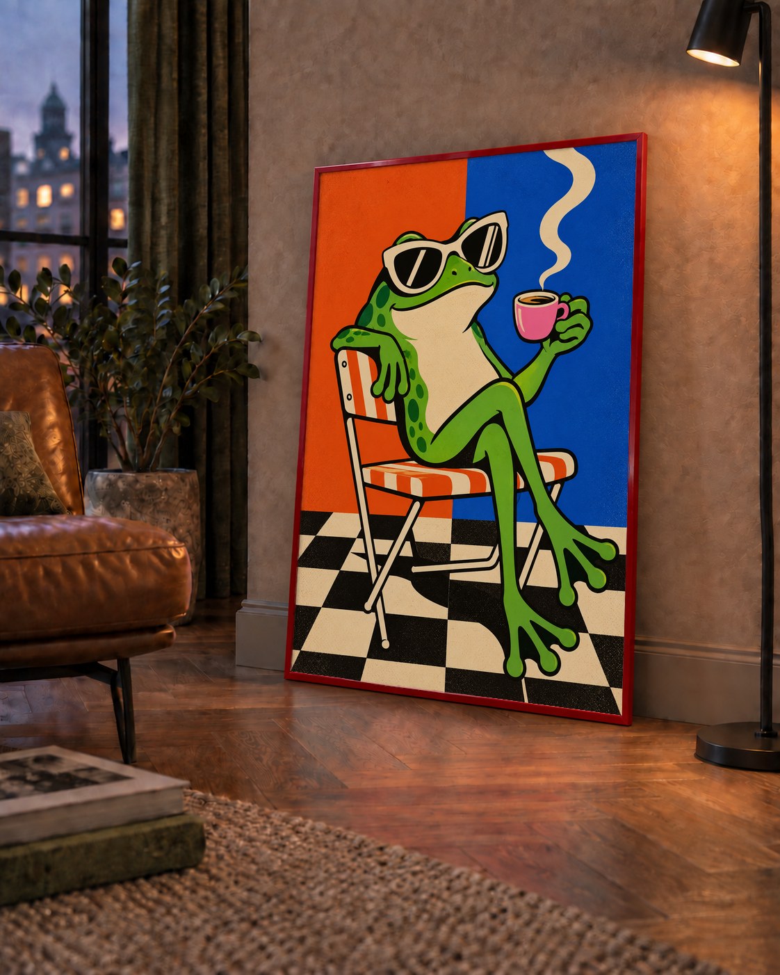 Kahve İçen Kurbağa Poster – Pop-Art Retro Stil Sanat Baskısı — çerçeveli hâliyle bir ev duvarında