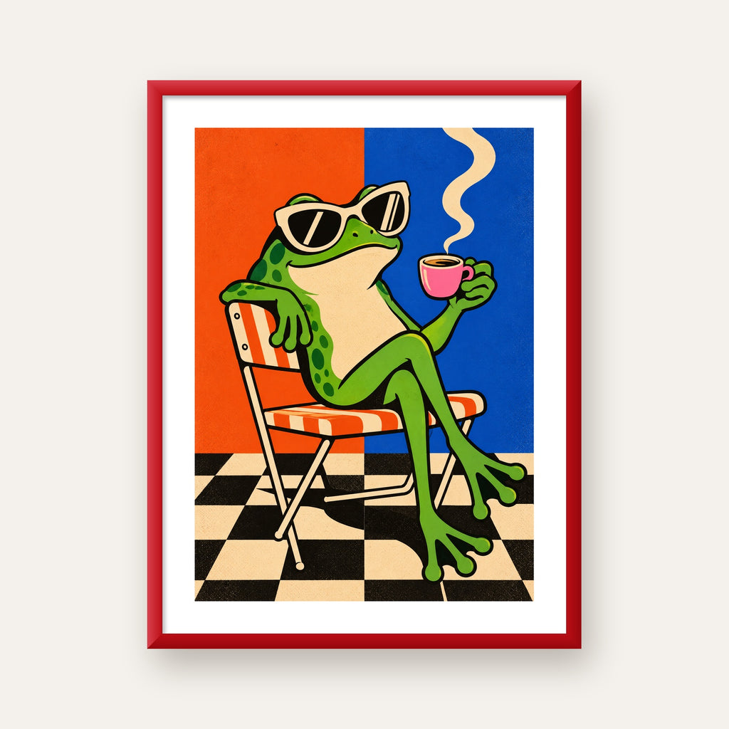 Kahve İçen Kurbağa Poster – Pop-Art Retro Stil Sanat Baskısı — kırmızı çerçeveli paspartulu