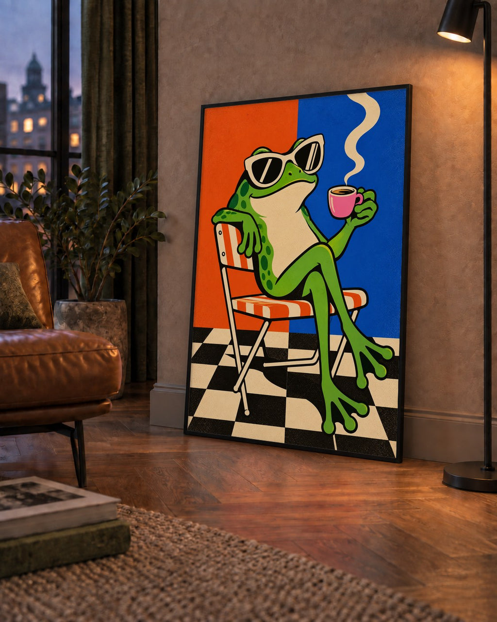 Kahve İçen Kurbağa Poster – Pop-Art Retro Stil Sanat Baskısı — çerçeveli hâliyle bir ev duvarında