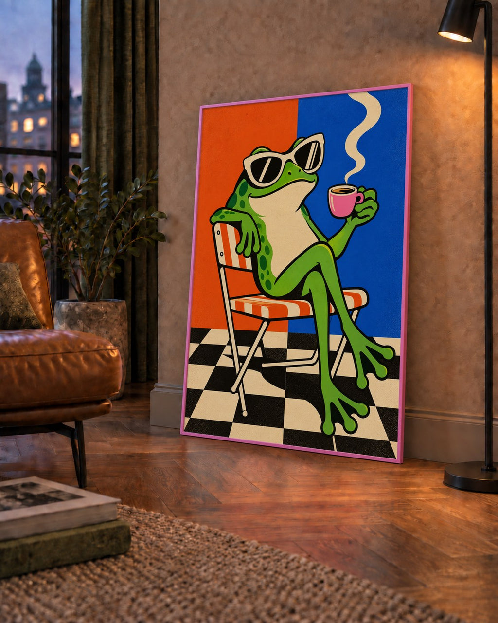 Kahve İçen Kurbağa Poster – Pop-Art Retro Stil Sanat Baskısı — çerçeveli hâliyle bir ev duvarında