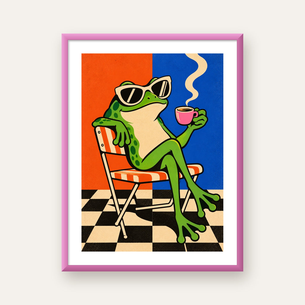 Kahve İçen Kurbağa Poster – Pop-Art Retro Stil Sanat Baskısı — pembe çerçeveli paspartulu