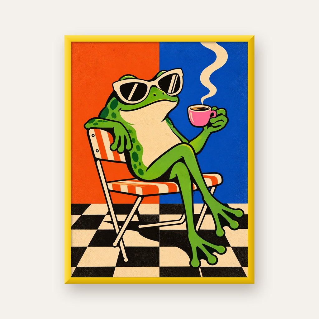 Kahve İçen Kurbağa Poster – Pop-Art Retro Stil Sanat Baskısı — sarı çerçeveli