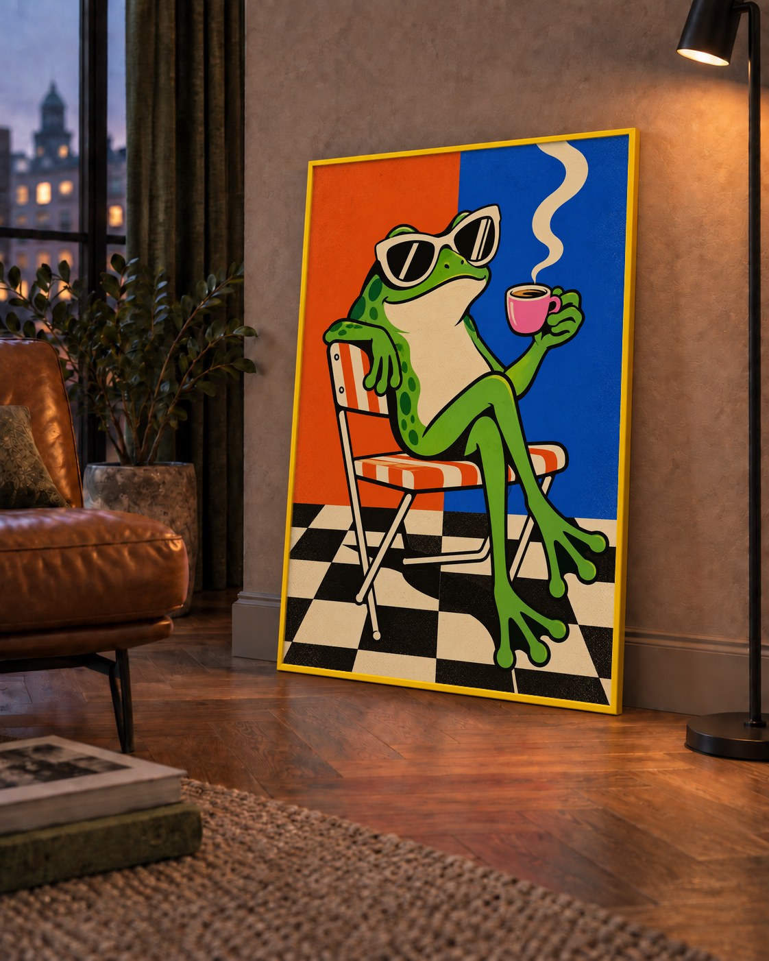 Kahve İçen Kurbağa Poster – Pop-Art Retro Stil Sanat Baskısı — çerçeveli hâliyle bir ev duvarında