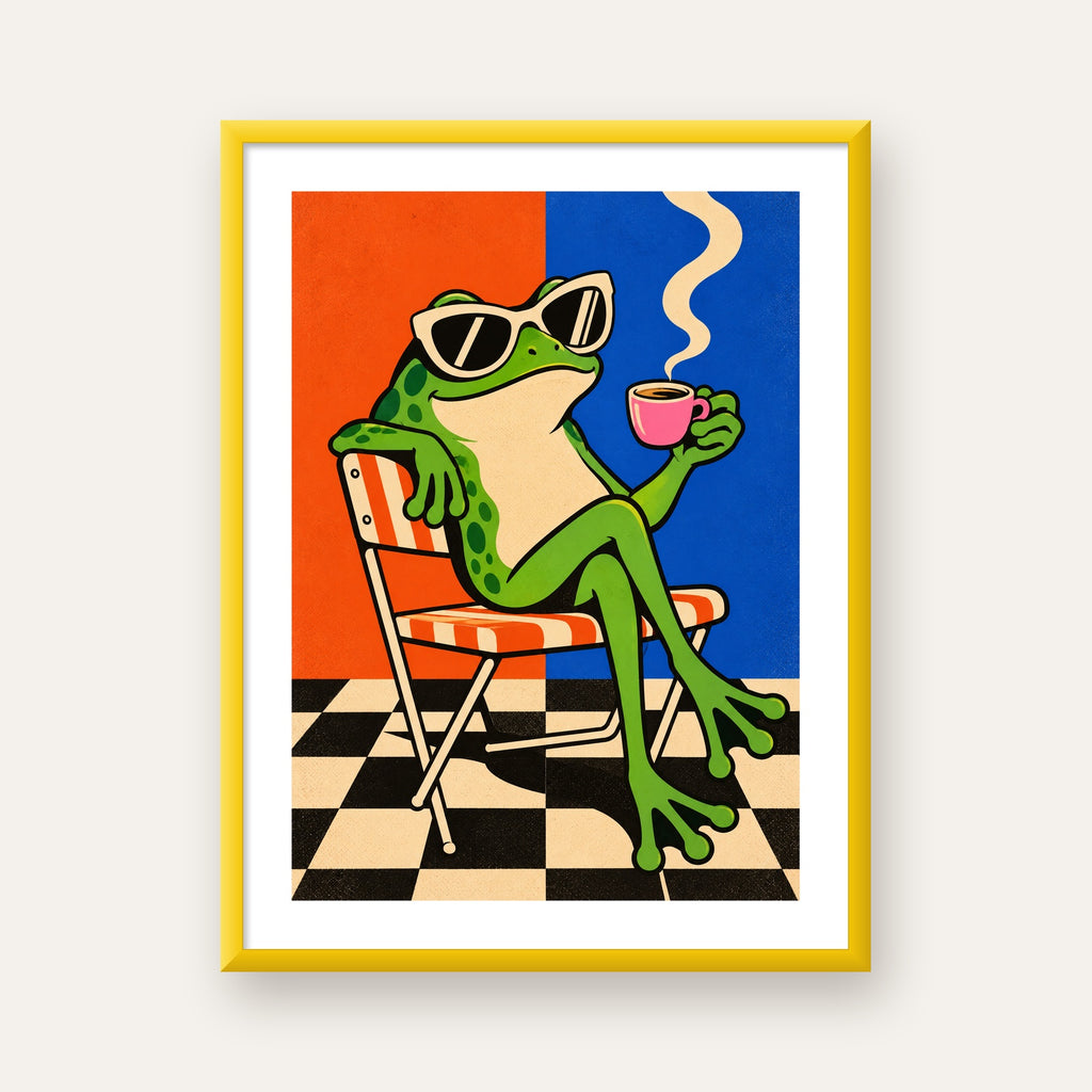 Kahve İçen Kurbağa Poster – Pop-Art Retro Stil Sanat Baskısı — sarı çerçeveli paspartulu