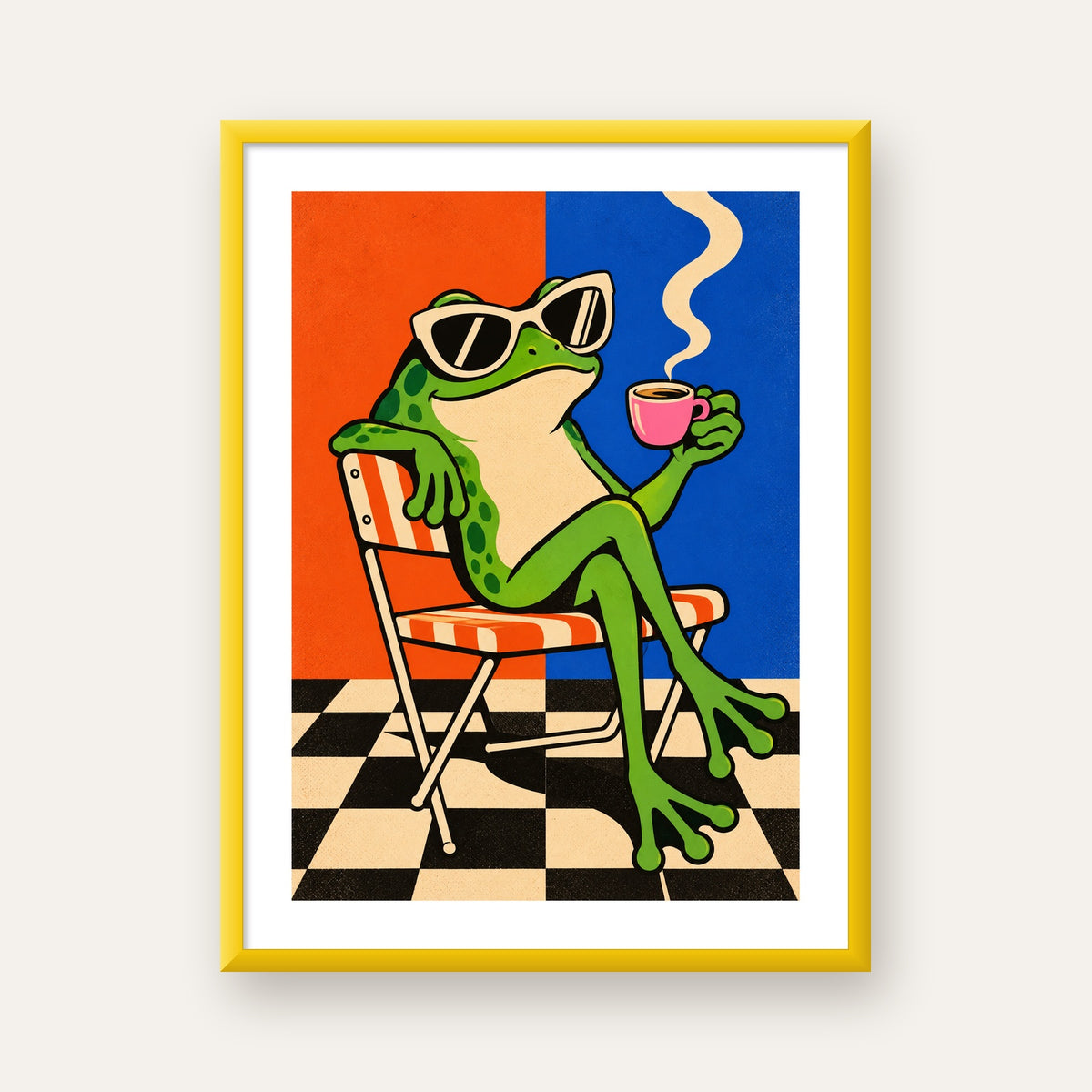 Kahve İçen Kurbağa Poster – Pop-Art Retro Stil Sanat Baskısı — sarı çerçeveli paspartulu