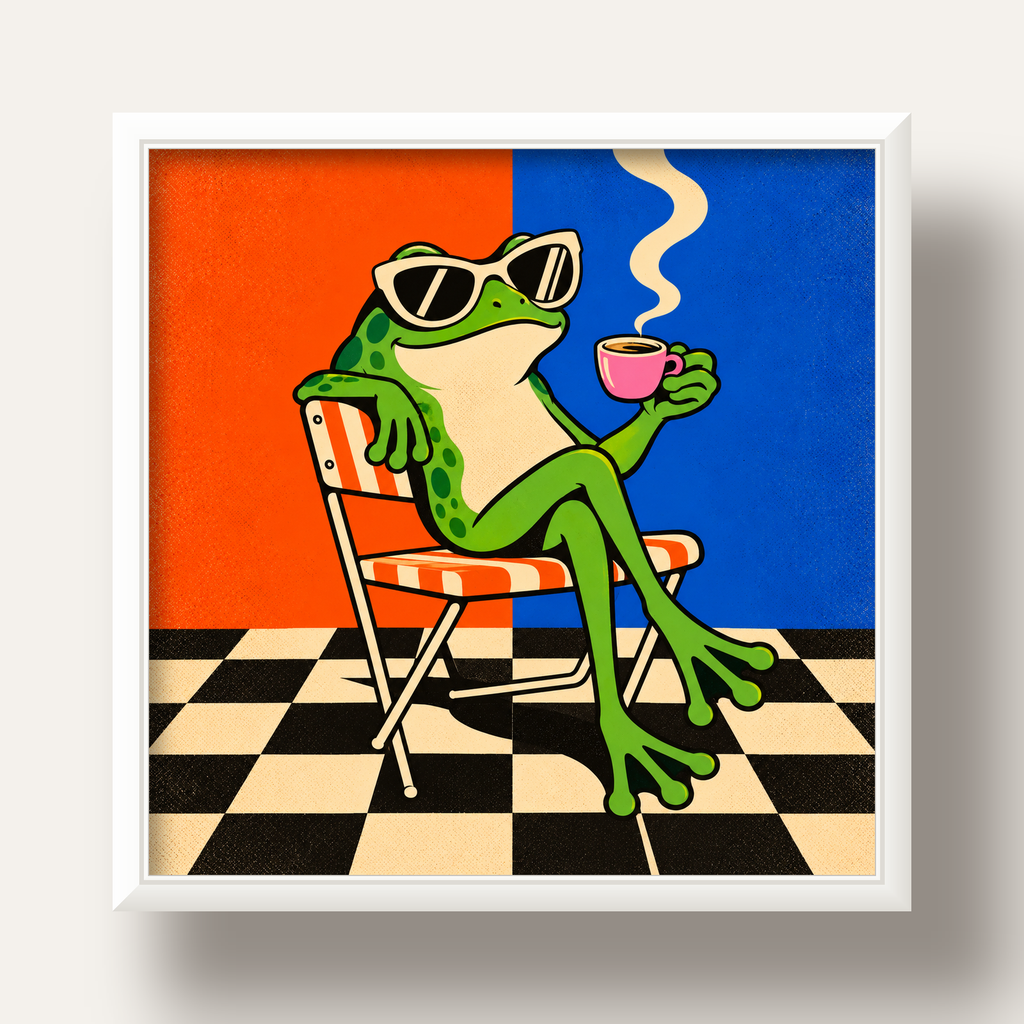 Kahve İçen Kurbağa Poster – Pop-Art Retro Stil Sanat Baskısı — beyaz derin çerçeveli