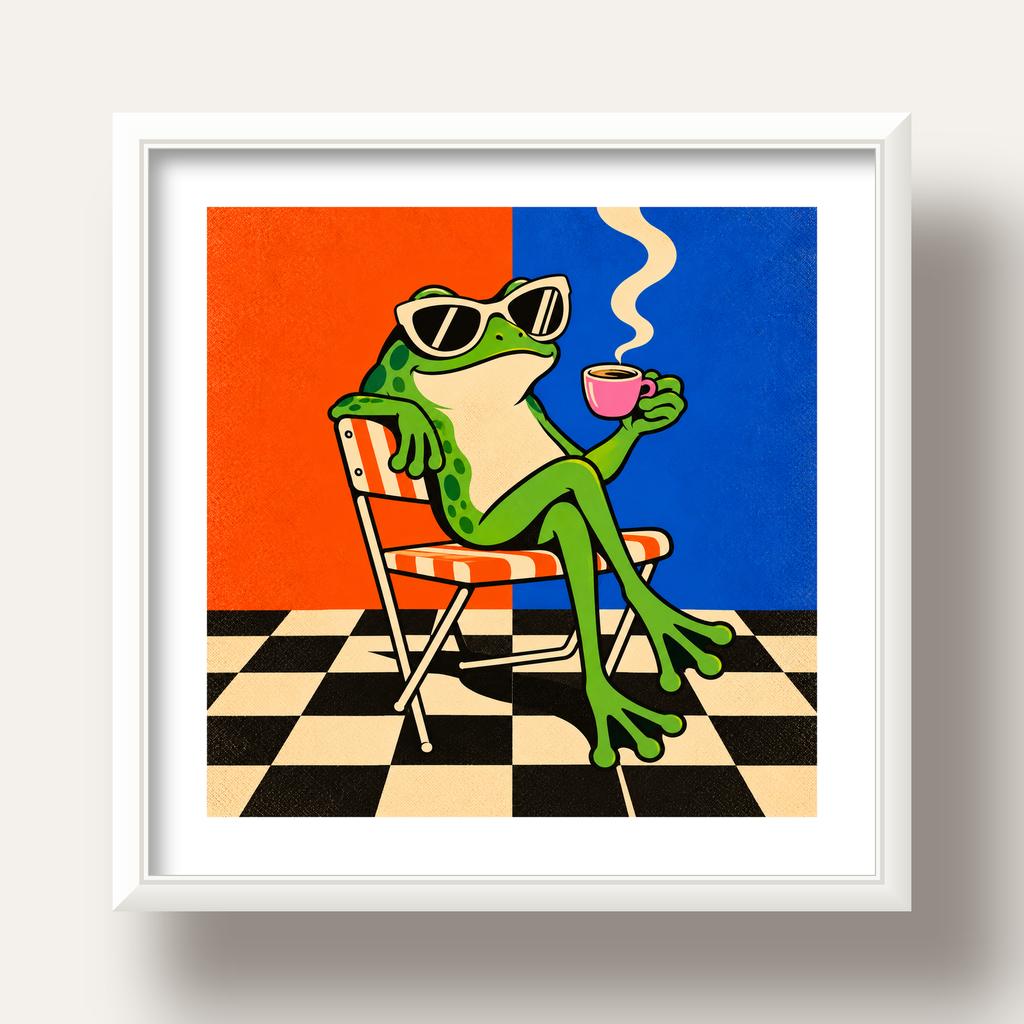 Kahve İçen Kurbağa Poster – Pop-Art Retro Stil Sanat Baskısı — beyaz derin çerçeveli paspartulu