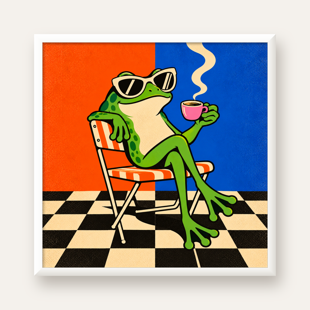 Kahve İçen Kurbağa Poster – Pop-Art Retro Stil Sanat Baskısı — beyaz çerçeveli kare poster