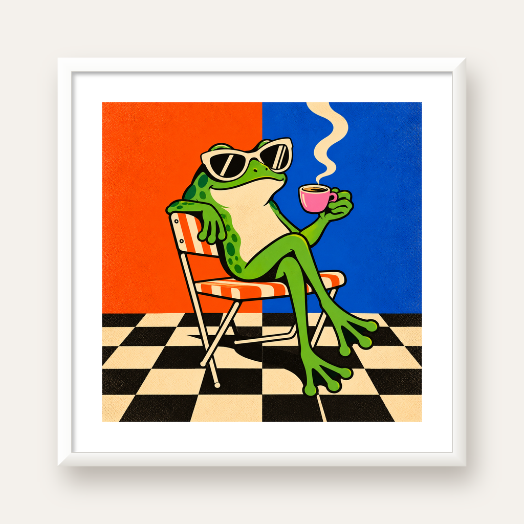 Kahve İçen Kurbağa Poster – Pop-Art Retro Stil Sanat Baskısı — beyaz çerçeveli kare poster