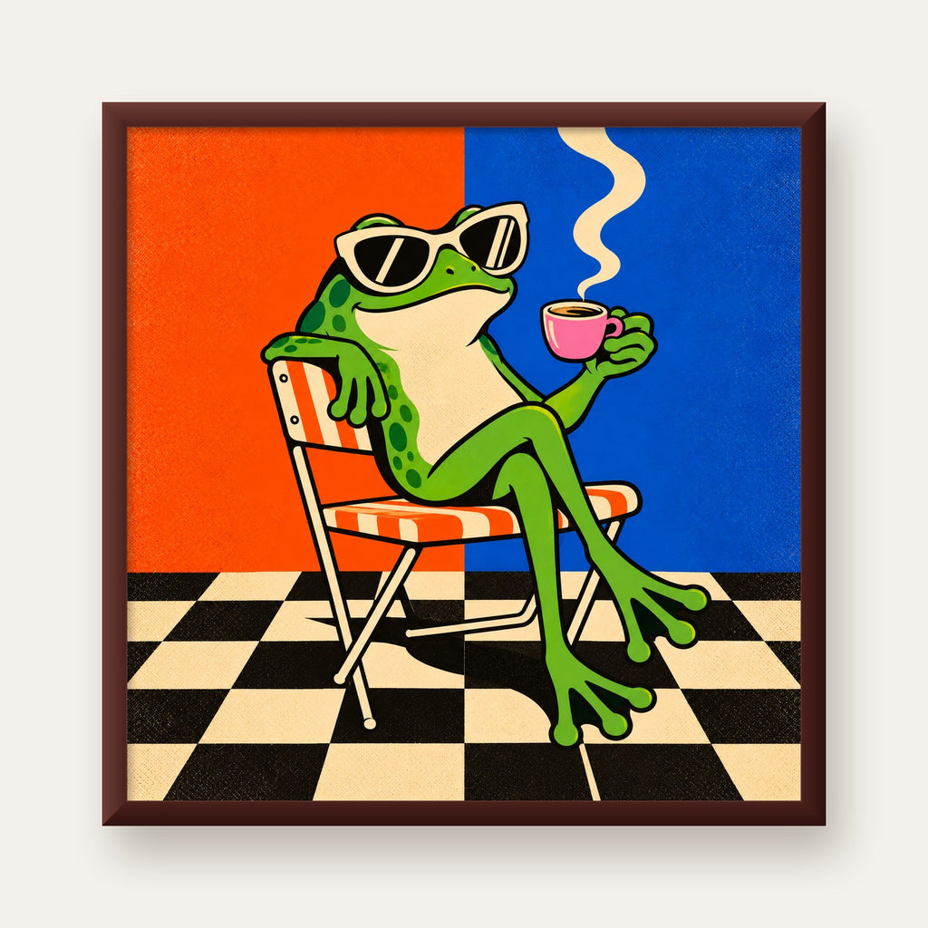 Kahve İçen Kurbağa Poster – Pop-Art Retro Stil Sanat Baskısı — ceviz çerçeveli