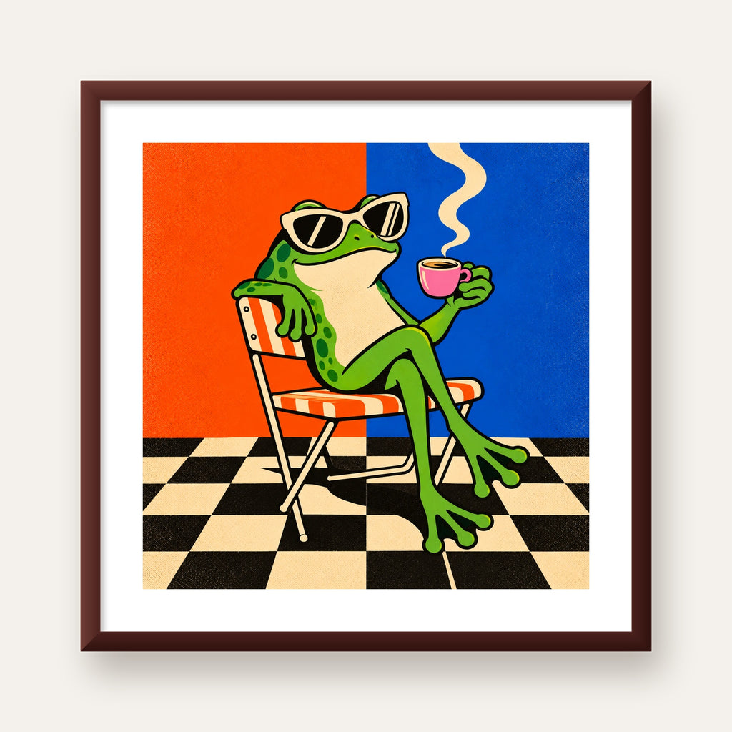 Kahve İçen Kurbağa Poster – Pop-Art Retro Stil Sanat Baskısı — ceviz çerçeveli paspartulu