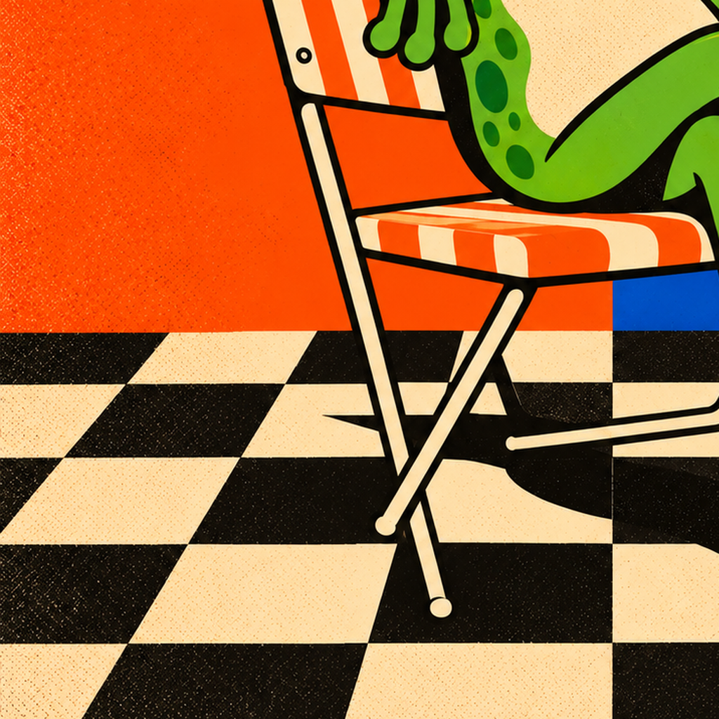 Kahve İçen Kurbağa Poster – Pop-Art Retro Stil Sanat Baskısı — baskının yakın çekimi, kâğıt dokusu ve renk detayı