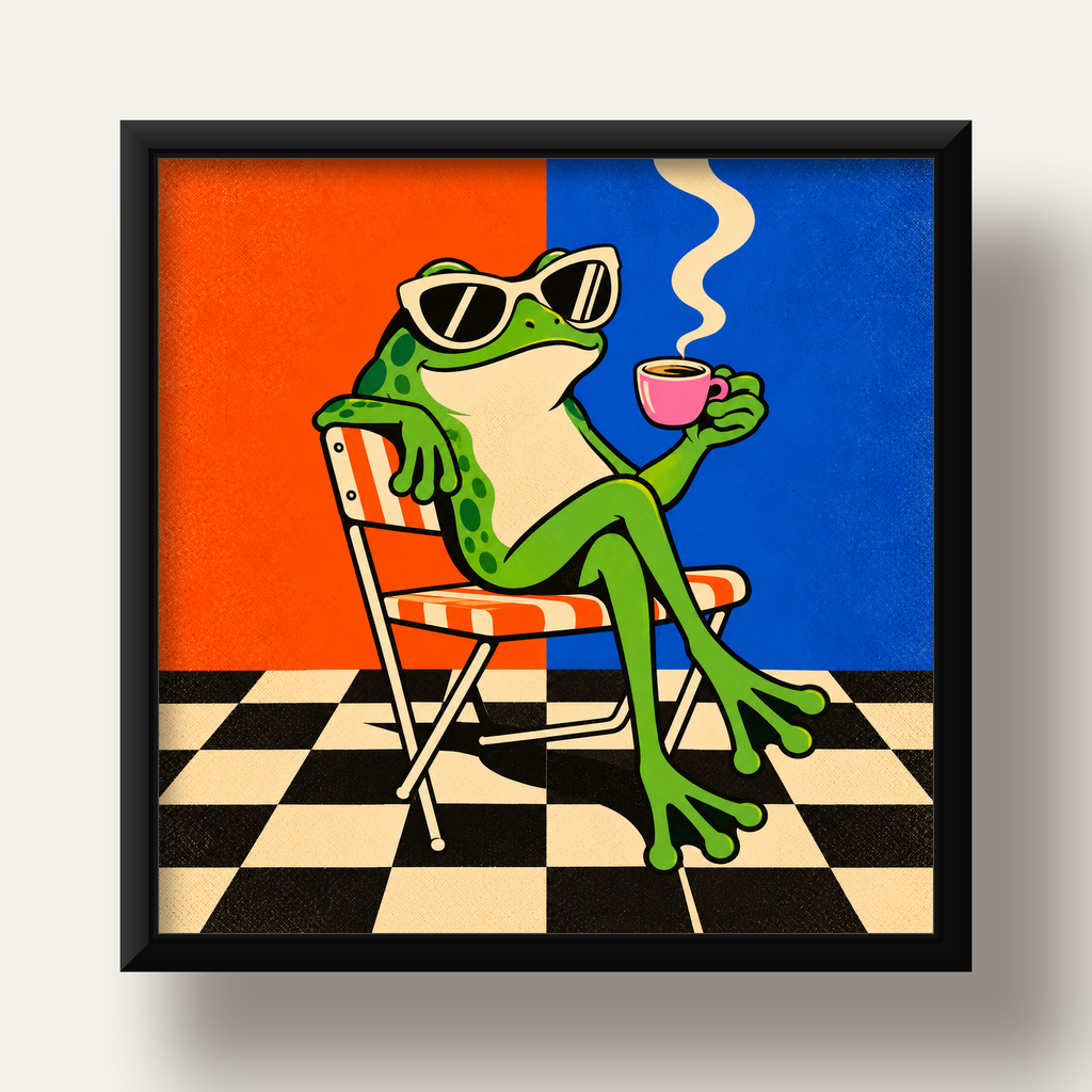 Kahve İçen Kurbağa Poster – Pop-Art Retro Stil Sanat Baskısı — siyah derin çerçeveli